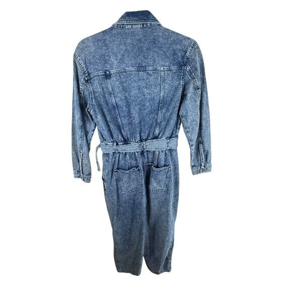 ZARA 100% Cotton Acid Wash Long Sleeve Belted Button Down Denim Jumpsuit Size M - Picture 2 of 9